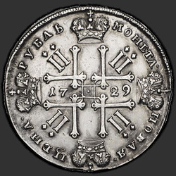 аверс 1 rublis 1729 "1 rublis 1729 "TIPAS 1727 lankais turi vainikas". Galva nepritaria užrašas"