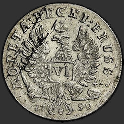 аверс 6 פרוטות 1759 "6 פרוטות בשנת 1759. "ELISAB ... RVSS". הפוך "... PRVSS""