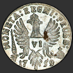 аверс 6 פרוטות 1759 "6 פרוטות בשנת 1759. "ELISAB ... RVSS". הפוך "... PRUSSIAE""