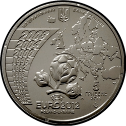 аверс 5 hryvnias 2011 "5 hryvnia torneo final del Campeonato Europeo de Fútbol 2012"