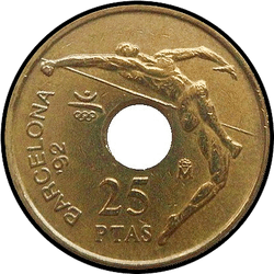 аверс 25 песет 1990 "XXV летнія Алімпійскія гульні, Барселона 1992 года / King Juan Carlos I /"