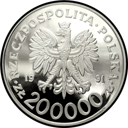 аверс 200000 zlotych 1991 "XXV летние Олимпийские игры, Барселона 1992 - Парусный спорт"
