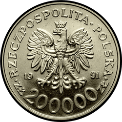 аверс 200000 zlotych 1991 "XXV летние Олимпийские игры, Барселона 1992 - Парусный спорт PRÓBA /Cu-Ni/"